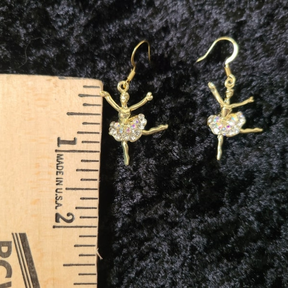 Handmade Ballerina Rhinestone Gold Tone Ballet Dancer Earrings